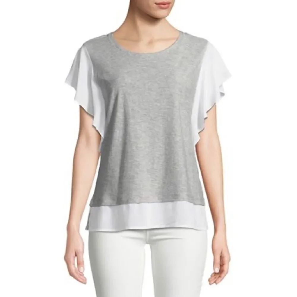 Vince Camuto Ruffle Sleeve Mix Media Blouse Sz Med